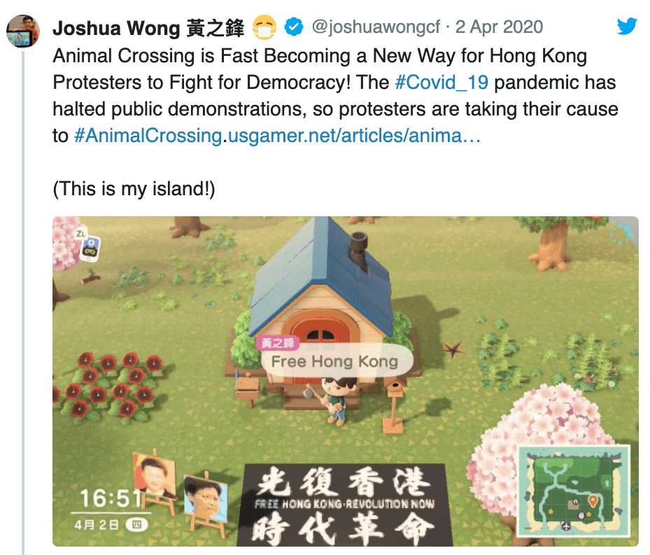 Joshua Wong auf Twitter über Animal Crossing: New Horizons