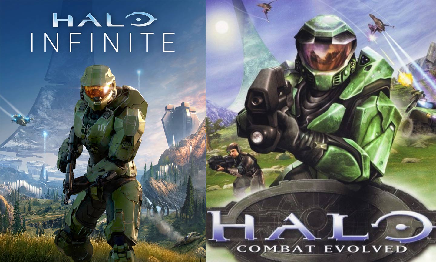 Halo Infinite-Cover im Vergleich mit dem Halo Combat Evolved-Cover.