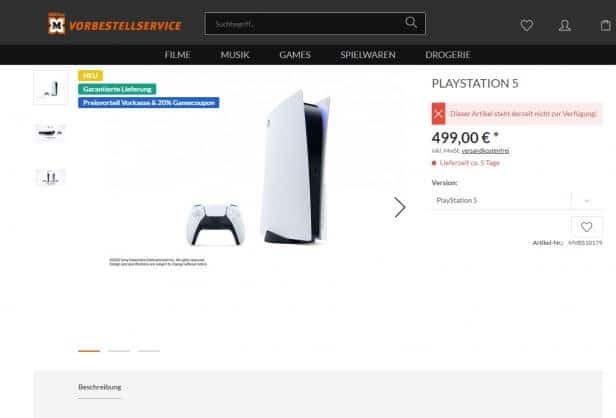 Die PS5 kostet bei Müller 499 Euro. Quelle: Futurezone - (C) Screenshot/Müller