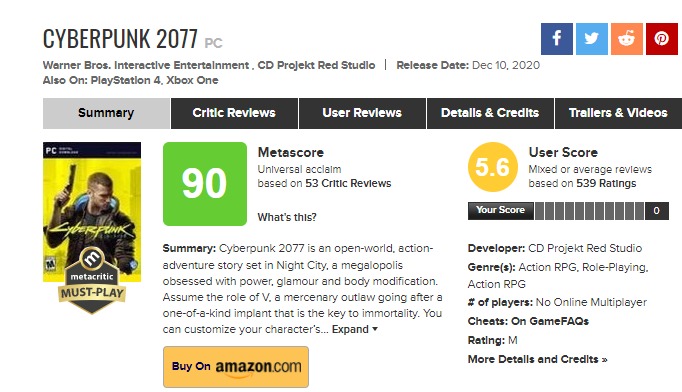 Am 11. Dezember war der Score von Cyberpunk 2077 noch hinter The Last of Us 2 (5.7)
