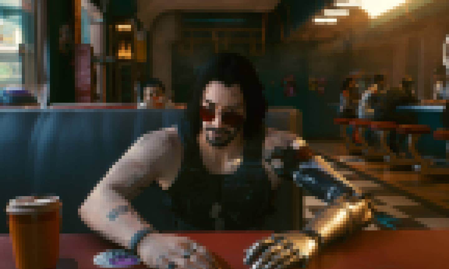 Eine übertriebene Pixel-Grafik von Cyberpunk 2077. Das Spiel lädt manchmal Texturen zu spät.