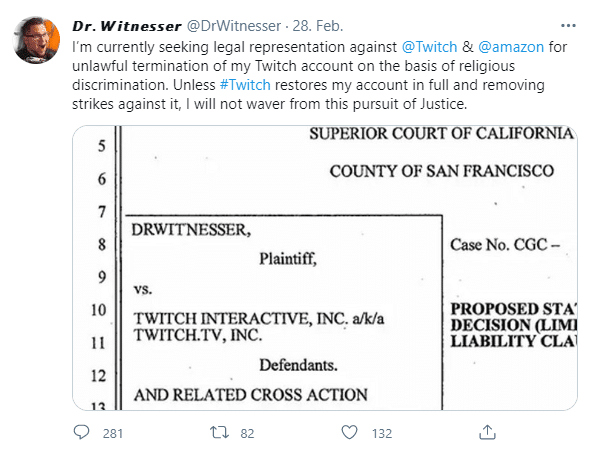 Dr.Witnesser sucht derzeit einen Anwalt um Twitch und Amazon zu klagen, nachdem er einen Bann erhalten hat. - Bildquelle: Twitter