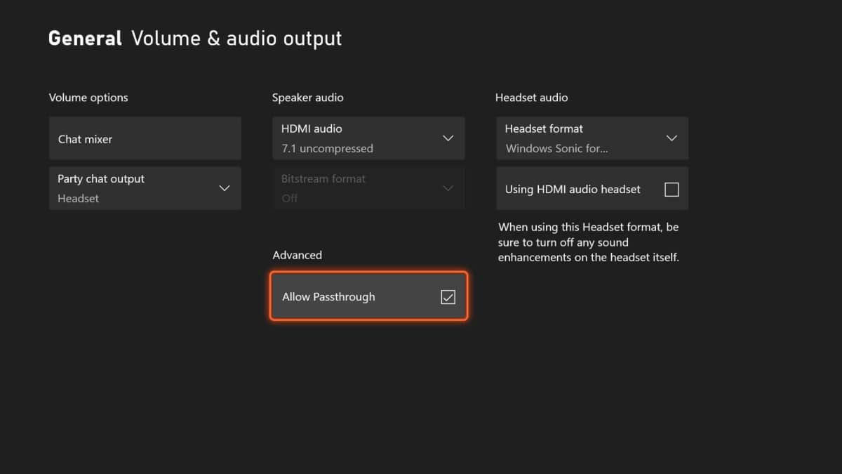 In den Audi-Einstellung kann mit dem Mai-Update "Allow Passtrough" aktiviert werden. Via Xbox.com