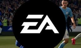 EA Logo mit FIFA 21 im Hintergrund. - (C) EA. EA Sports; Bildmontage: DailyGame