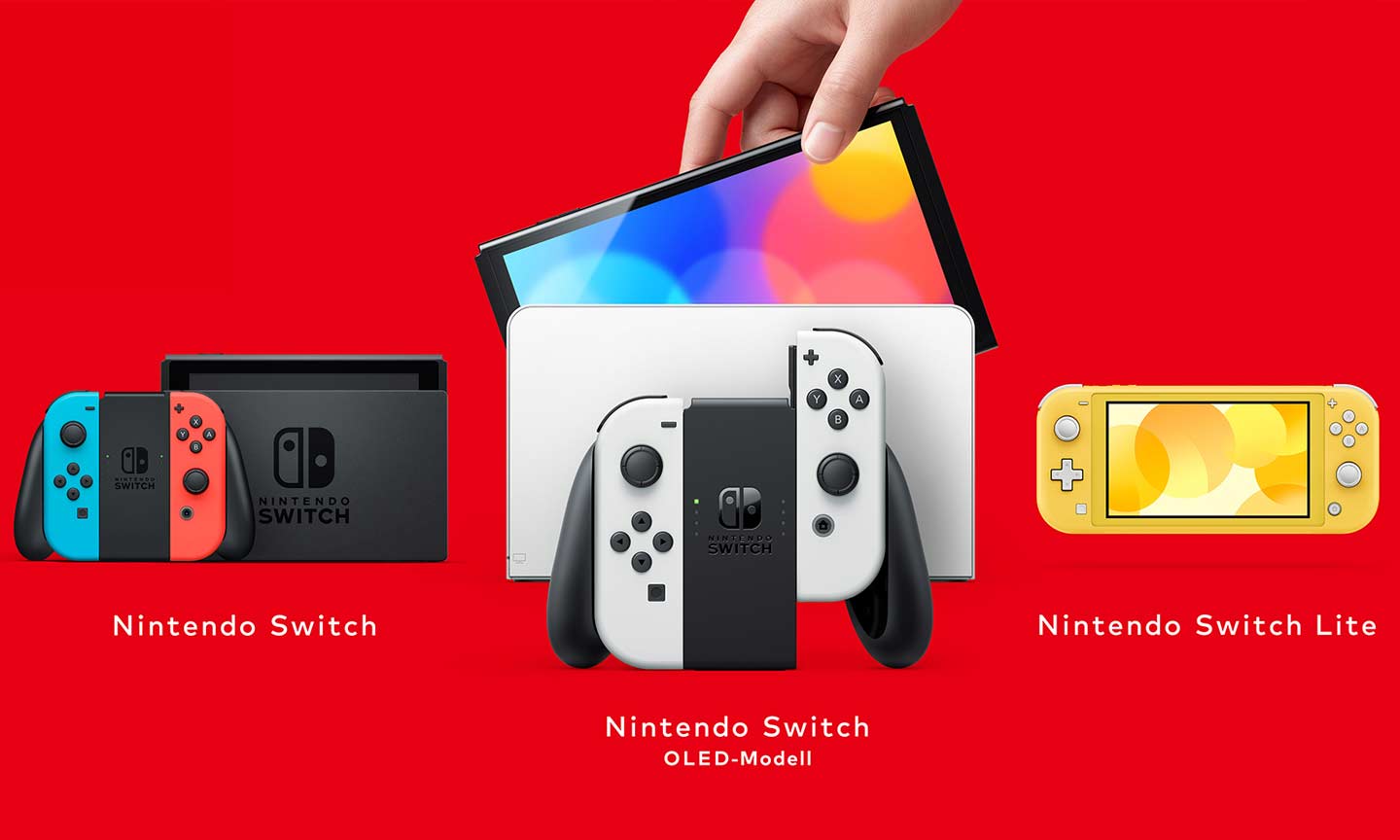 Die 3 verschiedenen Switch-Modelle: Standard (2017, bereits 2019 überarbeitet), OLED-Modell (2021) und Lite (2019). - Quelle: Nintendo