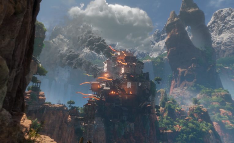 Das Dorf brennt in Horizon: Call of the Mountain (c) Guerrilla Games, Screenshot DailyGame