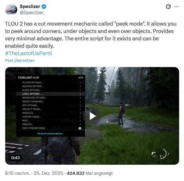 Versteckte Gameplay-Mechanik in The Last of Us: Part 2 - Screenshot: X.com-Beitrag von Speclizer