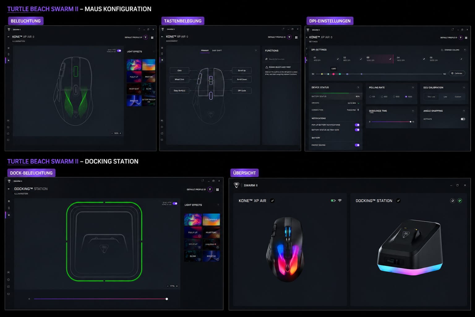 Die Swarm-II-Software ermöglicht die Anpassung von Beleuchtung, Tastenbelegung und DPI-Einstellungen der Turtle Beach Kone XP Air.