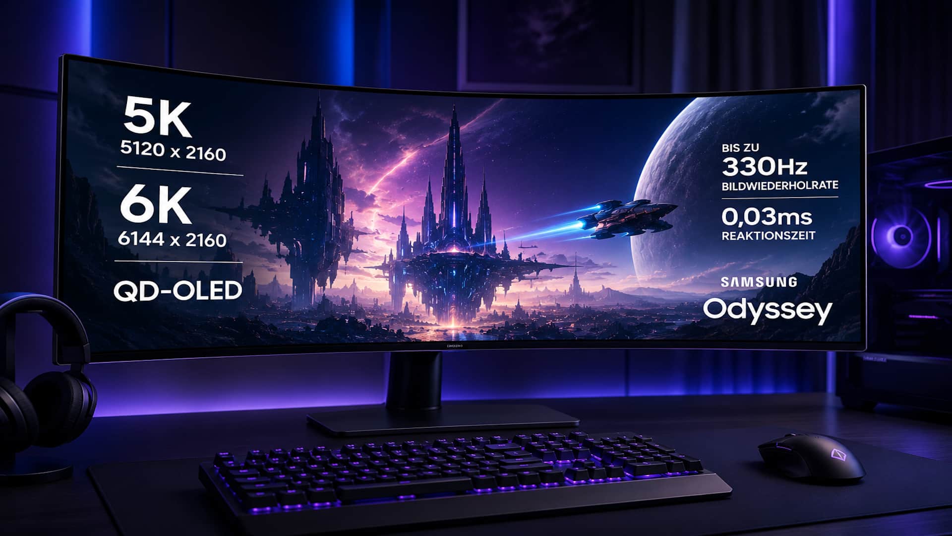 Das Bild zeigt einen ultrabreiten Gaming-Monitor in einem modernen PC-Setup. Auf dem Display sind technische Daten zu hohen Auflösungen und Bildwiederholraten eingeblendet, die den Fokus auf leistungsstarke Gaming-Hardware und moderne Display-Technologien verdeutlichen.