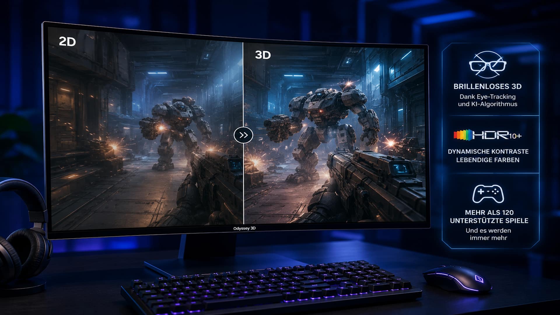 Das Bild zeigt einen Gaming-Monitor mit einer Gegenüberstellung von klassischer 2D- und moderner 3D-Darstellung. Die Szene veranschaulicht, wie zusätzliche Tiefenwirkung und räumliche Effekte das Spielerlebnis immersiver gestalten sollen.