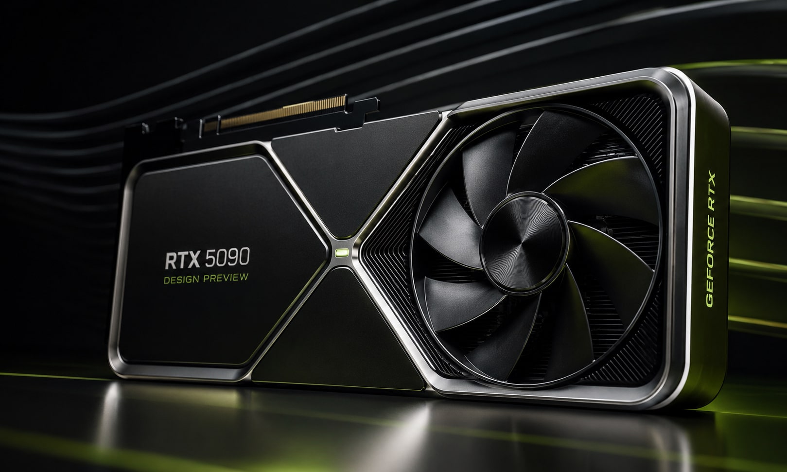 Das Bild zeigt eine moderne Grafikkarte mit futuristischem Kühlerdesign. Die Darstellung symbolisiert neue Designkonzepte für kommende RTX-Generationen und den Fokus auf Leistung, Kühlung und hochwertige Materialien.