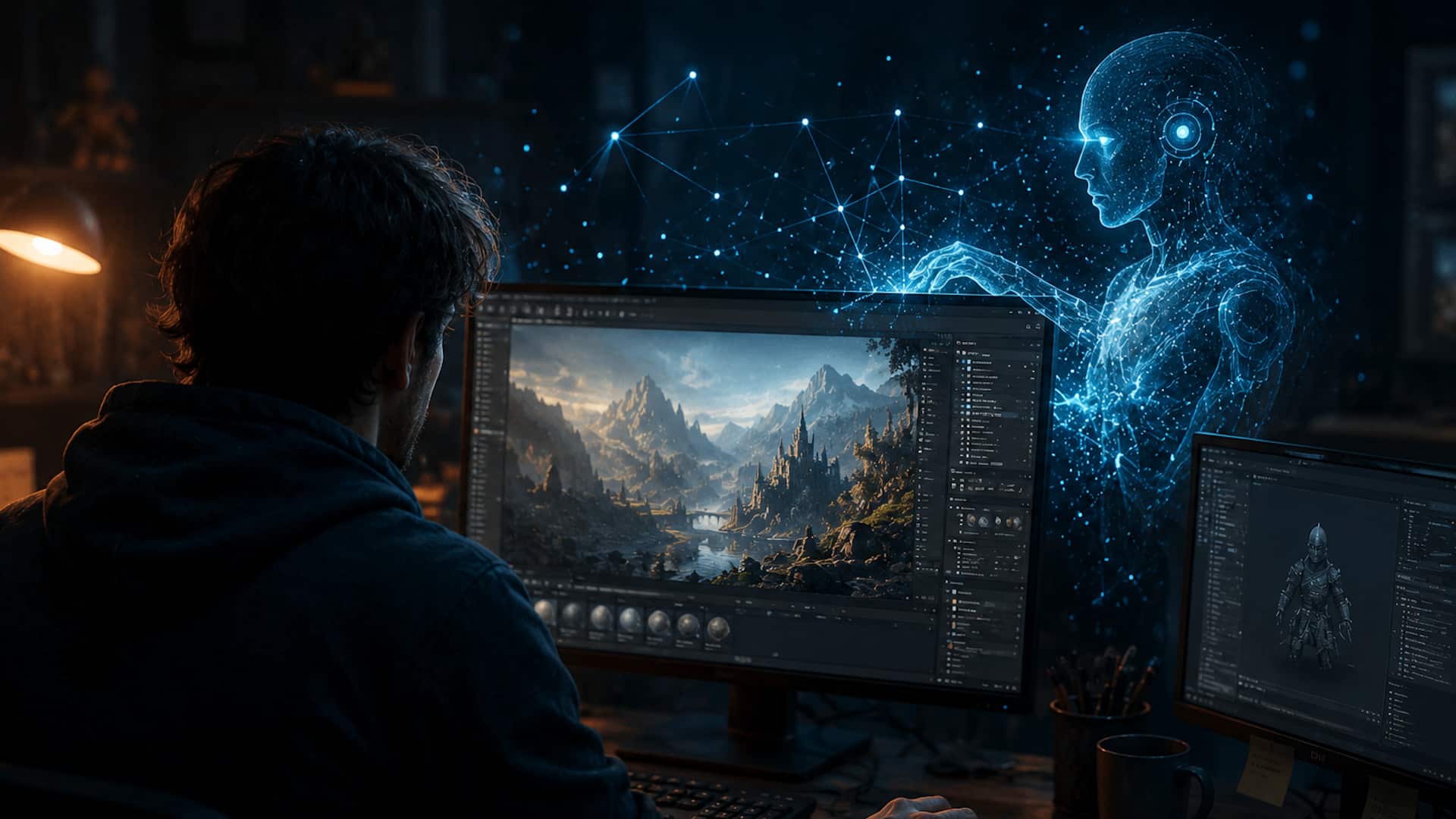 Das Bild zeigt einen Spieleentwickler an seinem Arbeitsplatz, während eine künstliche Intelligenz den kreativen Entwicklungsprozess symbolisiert. Moderne KI-Werkzeuge werden in vielen Studios bereits zur Unterstützung verschiedener Arbeitsabläufe eingesetzt.
