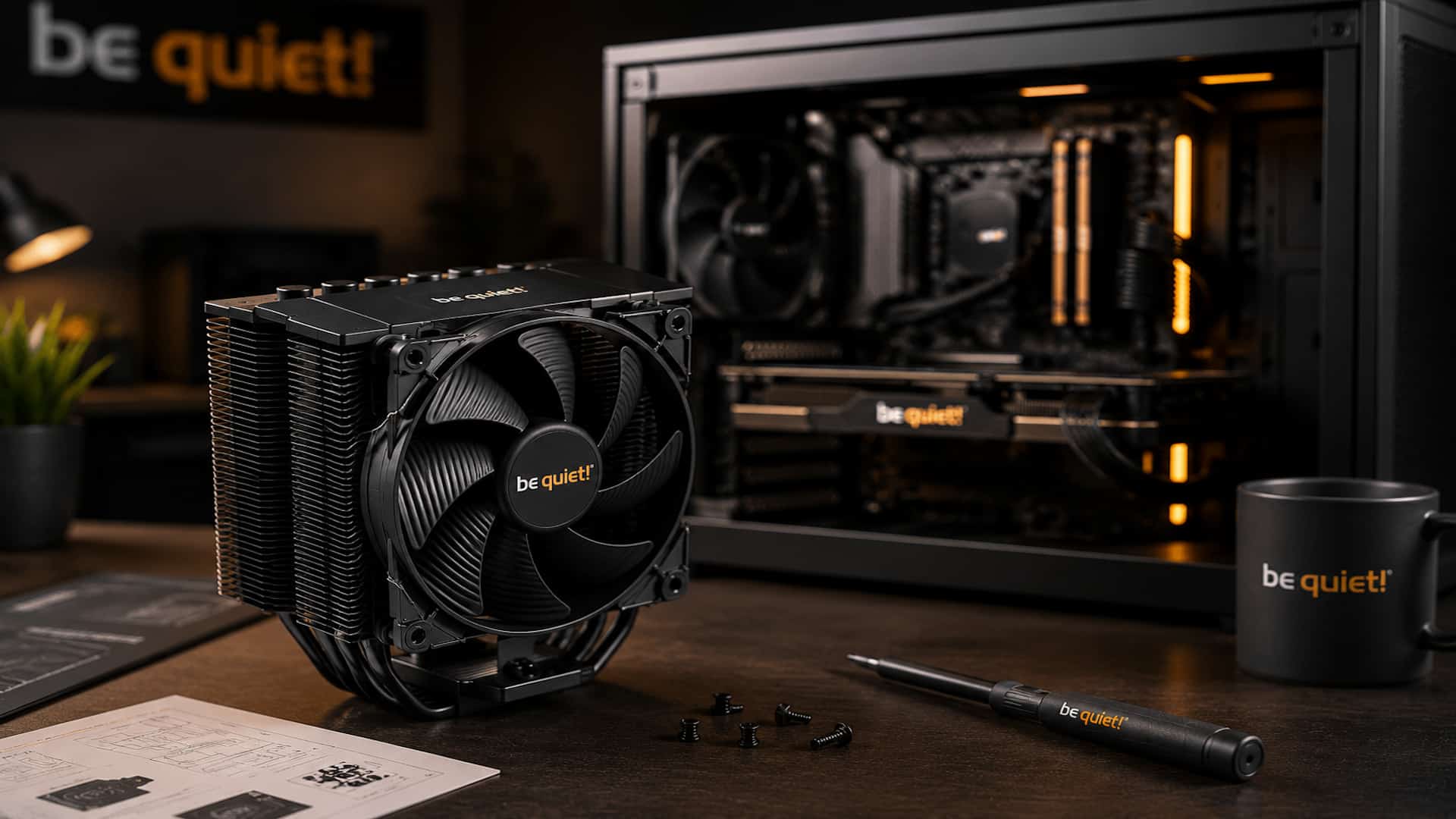 Das Bild zeigt einen modernen Tower-CPU-Kühler vor einem Gaming-PC. Die Darstellung symbolisiert den Fokus von be quiet! auf leistungsstarke Kühlung, geringe Lautstärke und hochwertige PC-Komponenten.