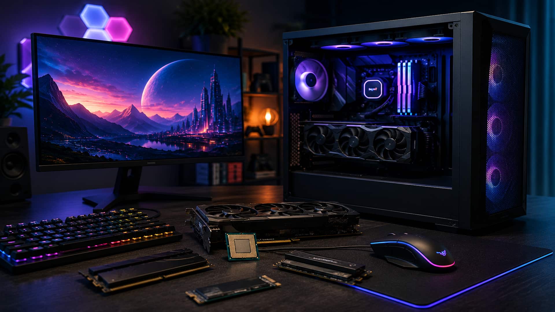 Das Bild zeigt einen modernen Gaming-PC mit aktueller Hardware. Die Darstellung steht für die rasante Entwicklung von Prozessoren, Grafikkarten und weiteren Komponenten, die das PC-Gaming kontinuierlich vorantreiben.