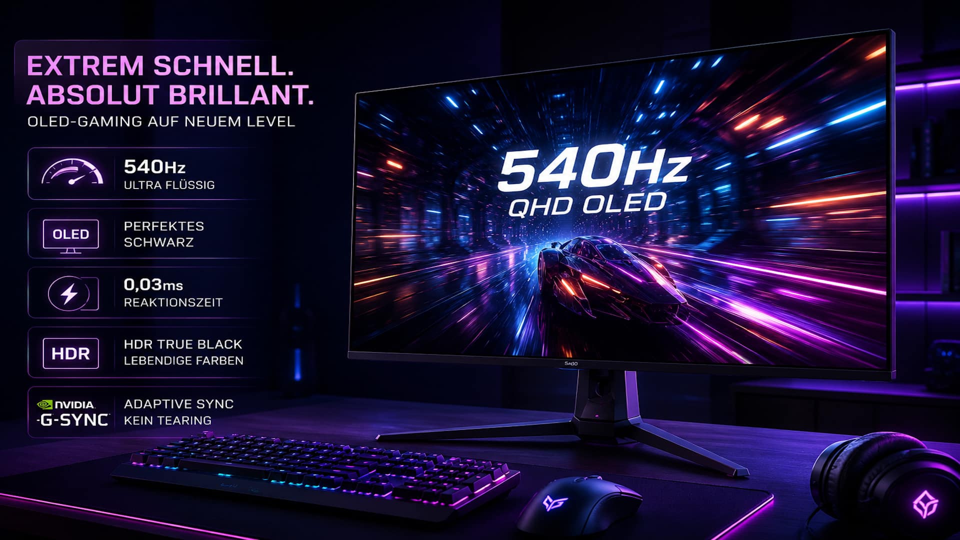Das Bild zeigt einen futuristischen OLED-Gaming-Monitor in einem modernen Gaming-Setup. Die Darstellung symbolisiert die nächste Generation leistungsstarker Displays mit hoher Bildqualität, schnellen Reaktionszeiten und einer Bildwiederholrate von bis zu 540 Hz.