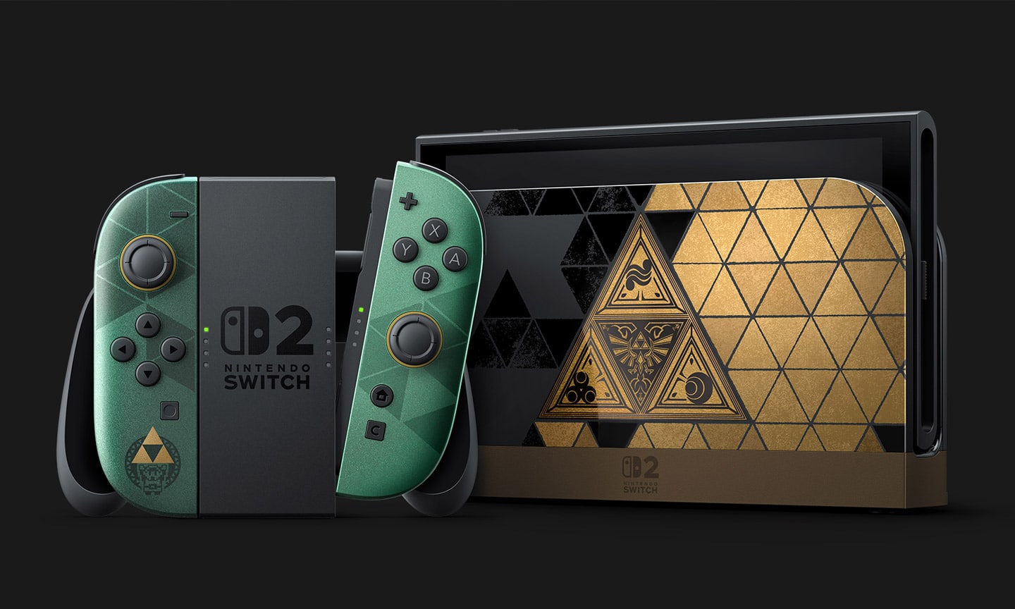 Switch 2 und Joy-Con 2 im Zelda Triforce-Design So sieht sie aus, die Nintendo Switch 2 samt Joy-Con 2 im Zelda-Design. - Bild: Nintendo Japan